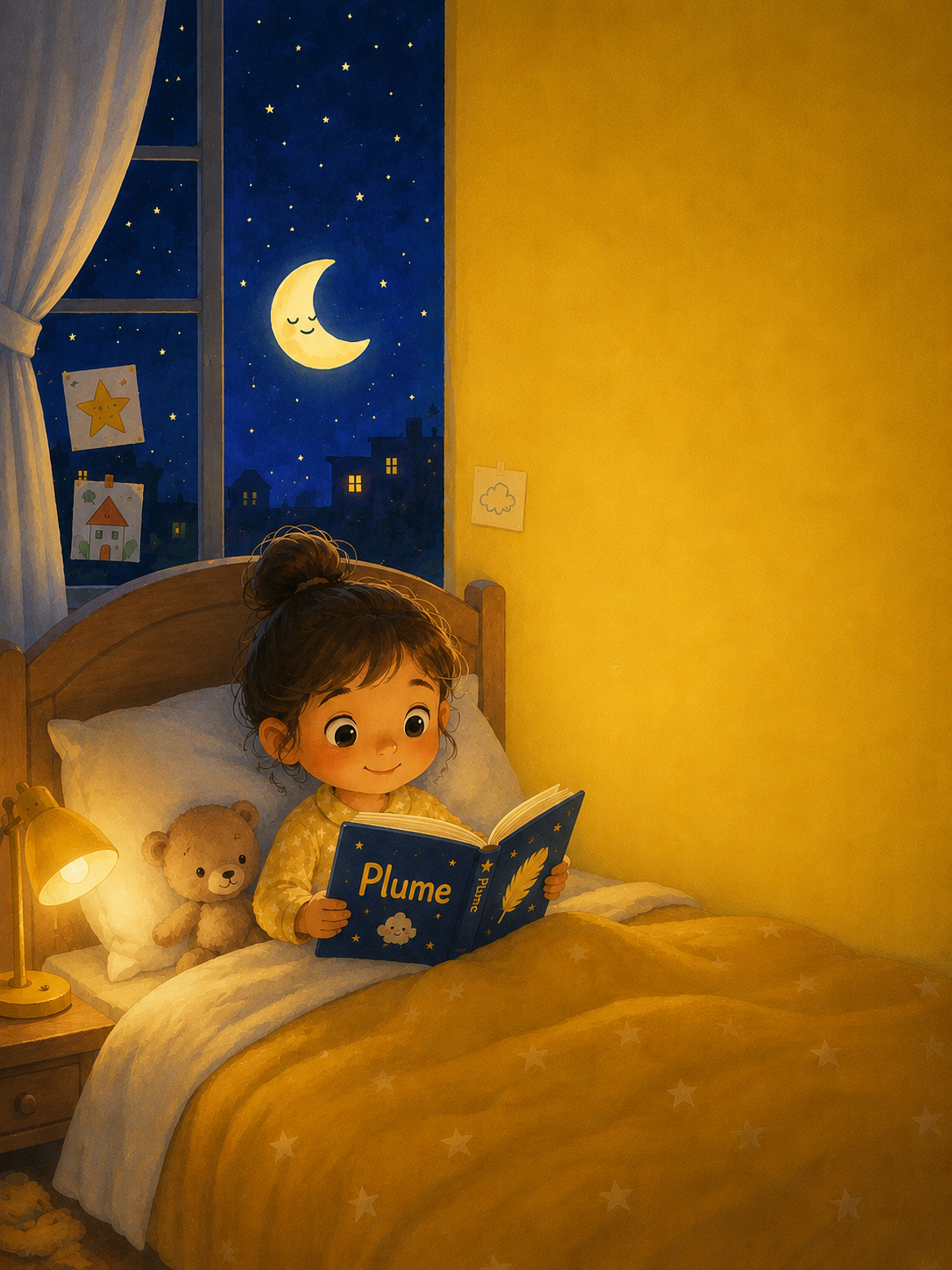 Une petite fille lit Plume dans son lit, à la lueur de la lune